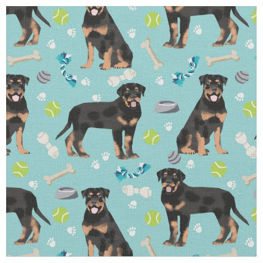 Rottweiler dogs and dog toys light blue fabric