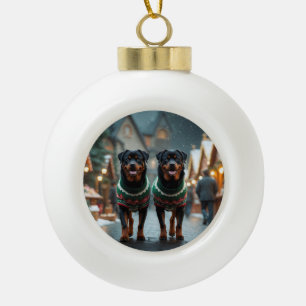 Rottweiler Dogs Christmas Snow Holiday Ceramic Ball Christmas Ornament