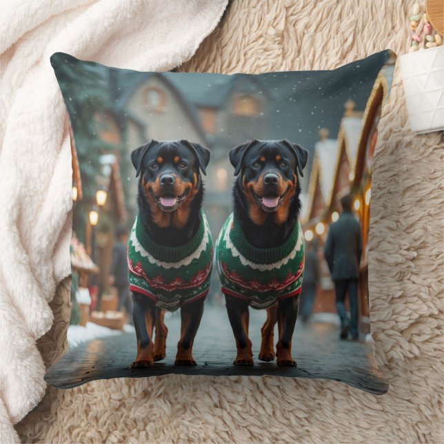Rottweiler Dogs Christmas Snow Holiday Throw Pillow (Blanket)
