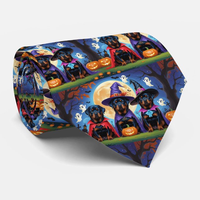 Rottweiler Dogs Pumpkin Halloween Funny  Neck Tie (Rolled)
