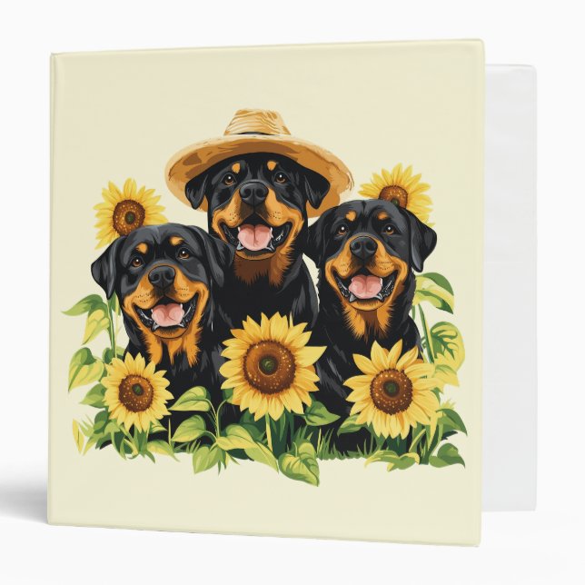 Rottweiler Dogs Surrounded By Sunflowers 3 Ring Binder (Front/Inside)