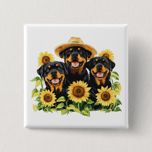 Rottweiler Dogs Surrounded By Sunflowers Button