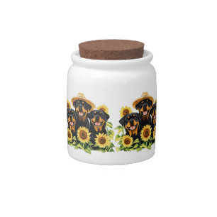 Rottweiler Dogs Surrounded By Sunflowers Candy Jar
