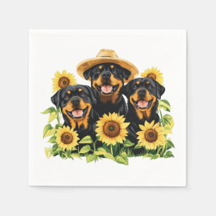 Rottweiler Dogs Surrounded By Sunflowers Napkins