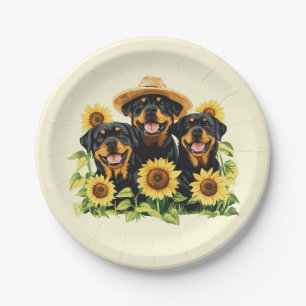Rottweiler Dogs Surrounded By Sunflowers Paper Plates