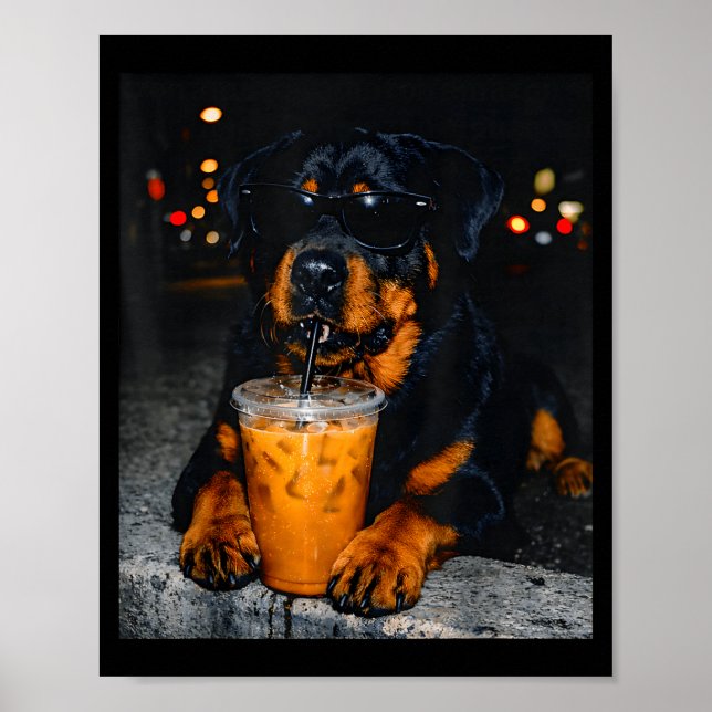 Rottweiler Drinking Iced Coffee Lover Humor Funny Poster (Front)