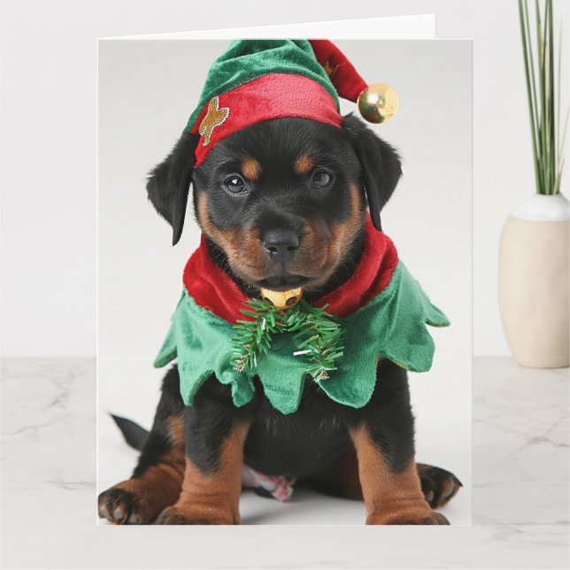 Rottweiler Elf Puppy Christmas Card  (Front)