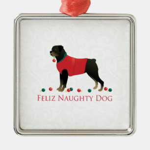 Rottweiler Feliz Naughty Dog Christmas Design Metal Ornament