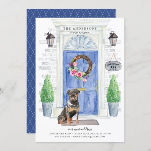 Rottweiler Front Door Moving Announcement - Announce your new address with our stylish announcement featuring a Rottweiler, blue front door, welcome mat, slate sign, topiaries and a floral wreath set on a gray brick background.