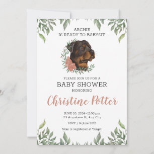 Rottweiler Girl Dog Boho Greenery Baby Shower Invitation