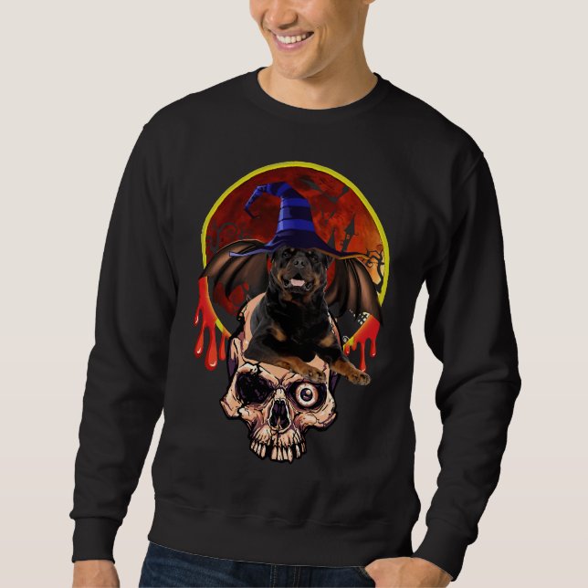 Rottweiler Halloween With Bat Wings Skull And Witc Sweatshirt (Front)