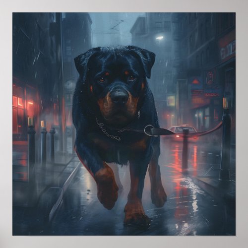 Rottweiler In a Rainy City  Poster