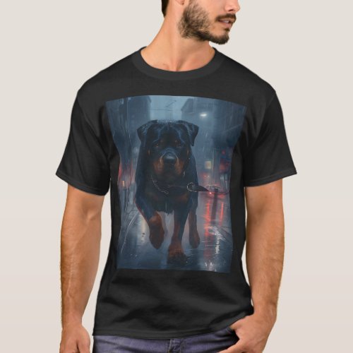 Rottweiler In a Rainy City  T_Shirt