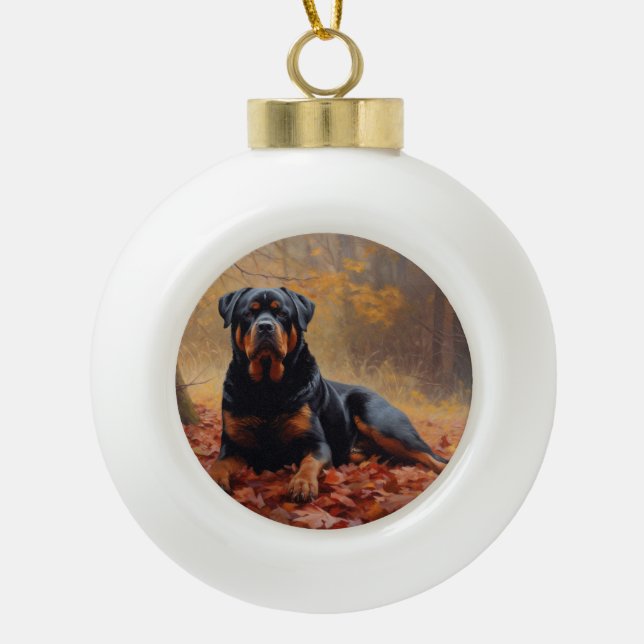 Rottweiler in Autumn Leaves Fall Inspire Ceramic Ball Christmas Ornament (Front)