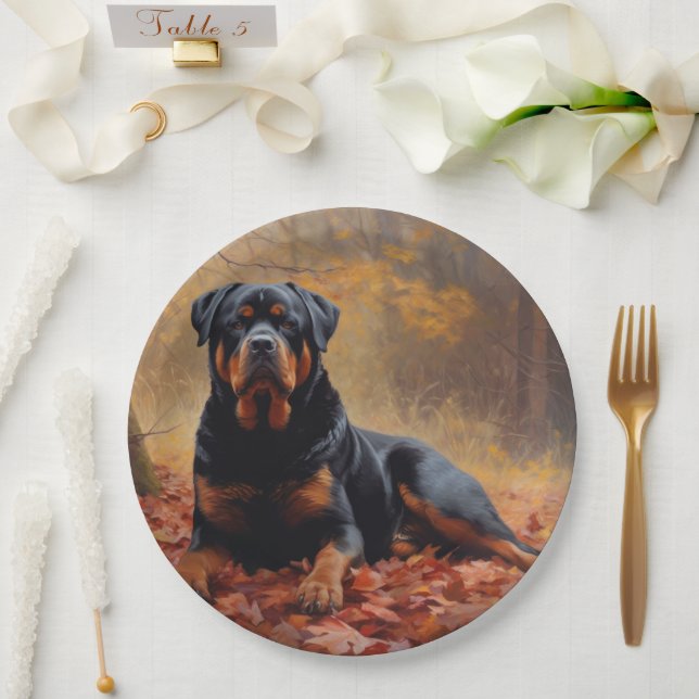 Rottweiler in Autumn Leaves Fall Inspire Paper Plates (Wedding)