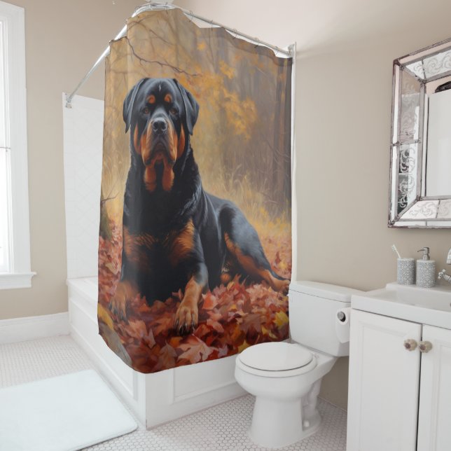 Rottweiler in Autumn Leaves Fall Inspire Shower Curtain (In Situ)