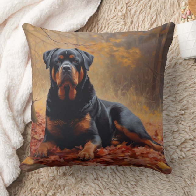 Rottweiler in Autumn Leaves Fall Inspire Throw Pillow (Blanket)
