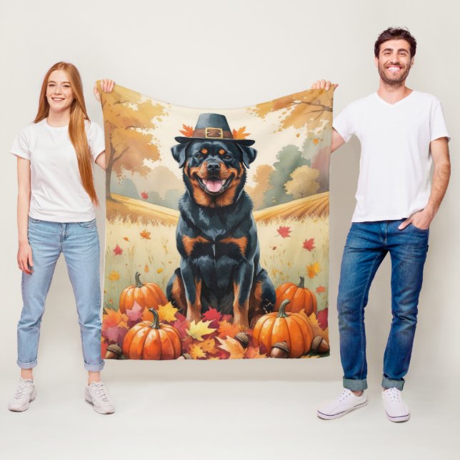 Rottweiler In Autumn Leaves Thanksgiving Art  Fleece Blanket (In Situ)