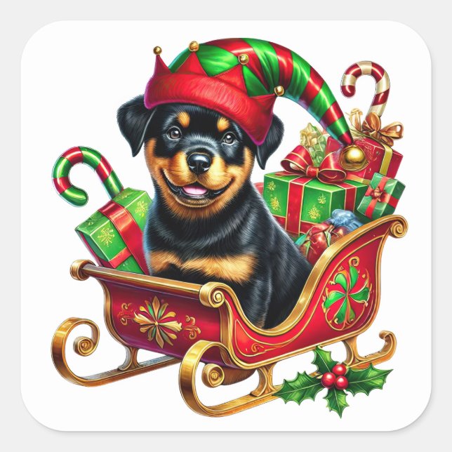 Rottweiler in Christmas Sleigh Filled With Gifts Square Sticker (Front)