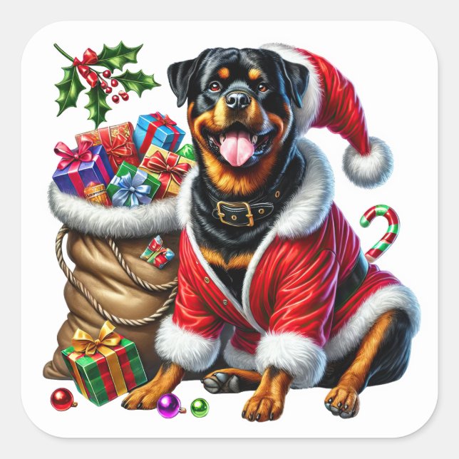 Rottweiler in Festive Attire With Christmas Gifts Square Sticker (Front)