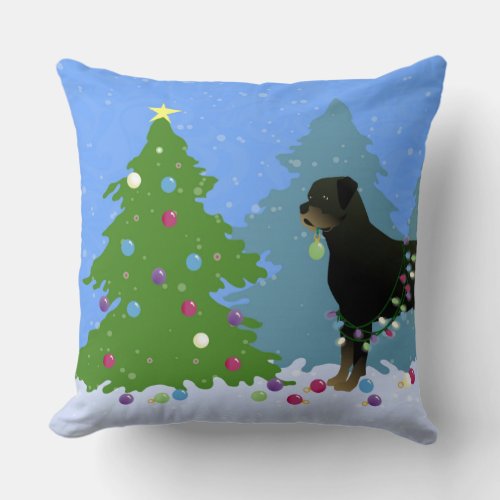 Rottweiler in the Christmas Forest Throw Pillow