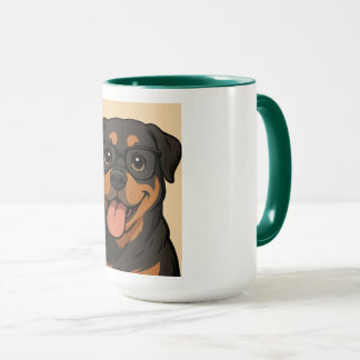 Rottweiler mug. cartoon image. glasses dog mug