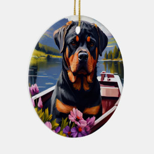 Rottweiler on a Paddle: A Scenic Adventure Ceramic Ornament