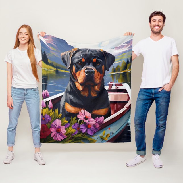 Rottweiler on a Paddle: A Scenic Adventure Fleece Blanket (In Situ)