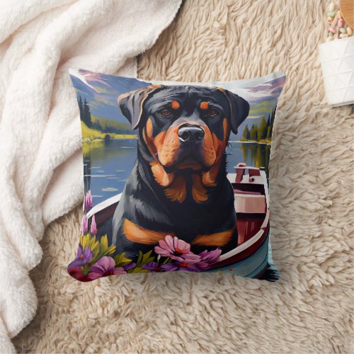 Rottweiler on a Paddle A Scenic Adventure Throw Pillow