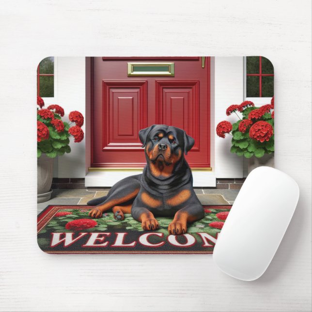 Rottweiler On a Welcome Doormat Mouse Pad (With Mouse)