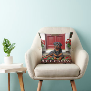 Rottweiler On a Welcome Doormat Throw Pillow