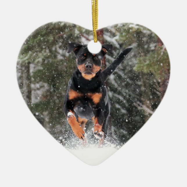 Rottweiler Ornament-Running In Winter Snow Ceramic Ornament (Front)