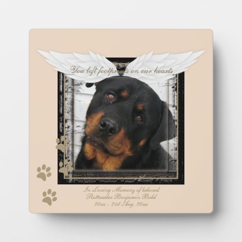 Rottweiler Photo Memorial Angel Wings Paw Prints Plaque