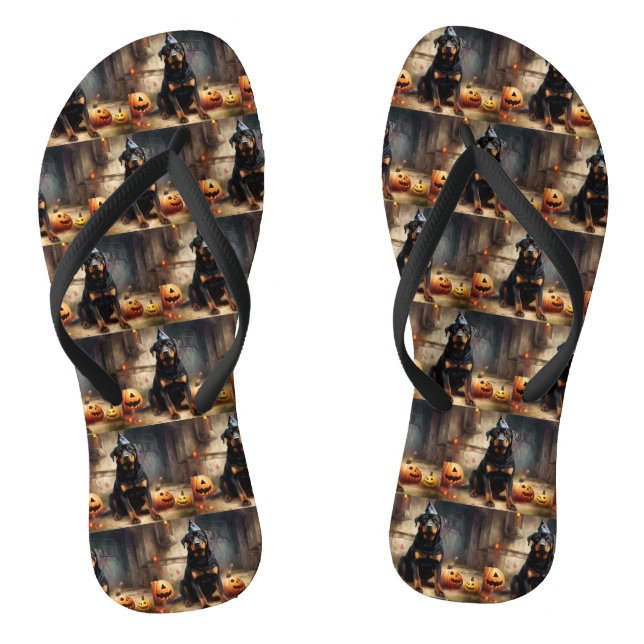 Rottweiler Pumpkins Halloween Scary  Flip Flops (Footbed)