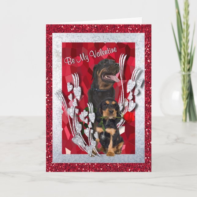 Rottweiler Puppies Be My Valentine Greeting Holiday Card (Front)
