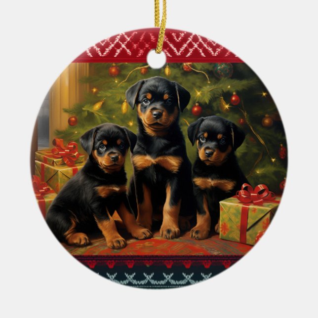 Rottweiler puppies Christmas  Ceramic Ornament (Front)