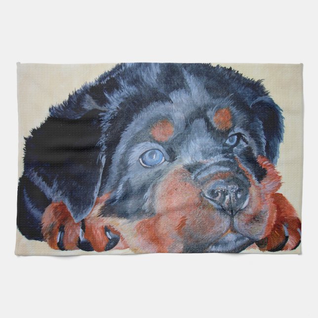 Rottweiler Puppy Artistic Pet Portrait Kitchen Towel (Horizontal)