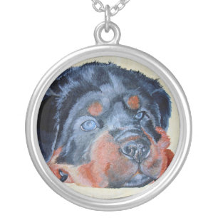 Rottweiler Puppy Artistic Pet Portrait Silver Plated Necklace