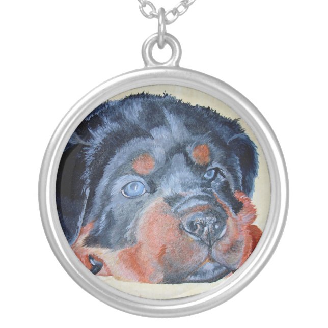 Rottweiler Puppy Artistic Pet Portrait Silver Plated Necklace (Front)