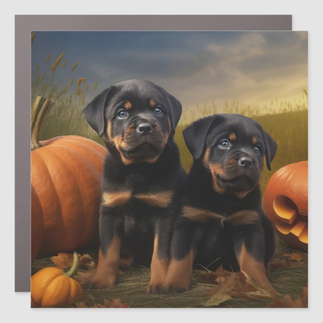 Rottweiler Puppy Autumn Delight Pumpkin Car Magnet (Front)