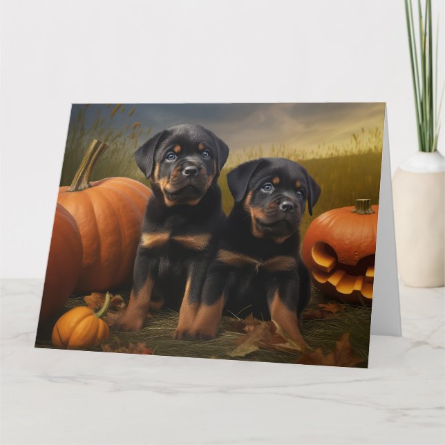 Rottweiler Puppy Autumn Delight Pumpkin Card (Front)