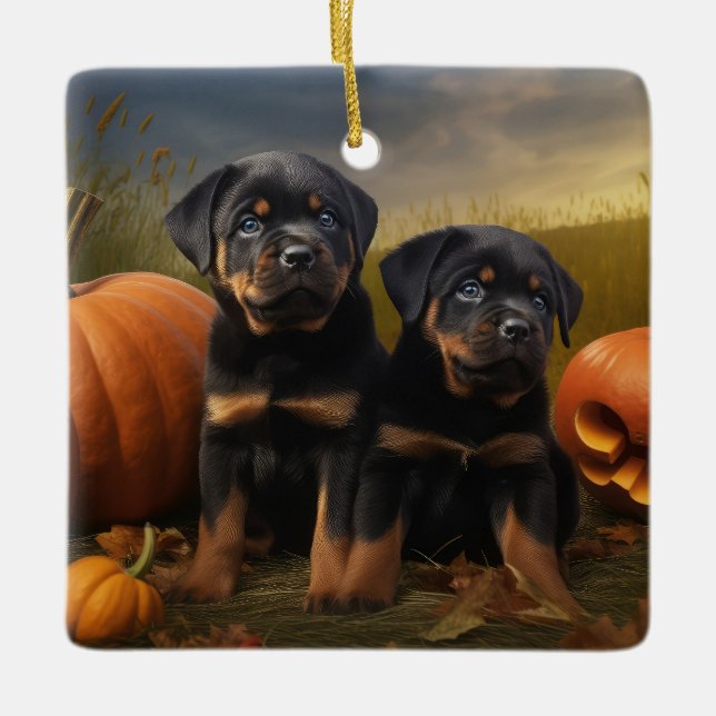 Rottweiler Puppy Autumn Delight Pumpkin Ceramic Ornament (Front)