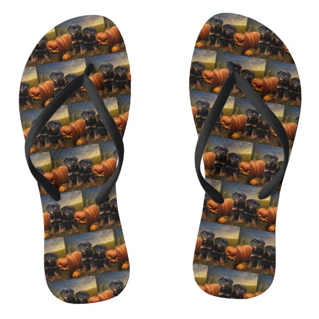 Rottweiler Puppy Autumn Delight Pumpkin Flip Flops (Footbed)