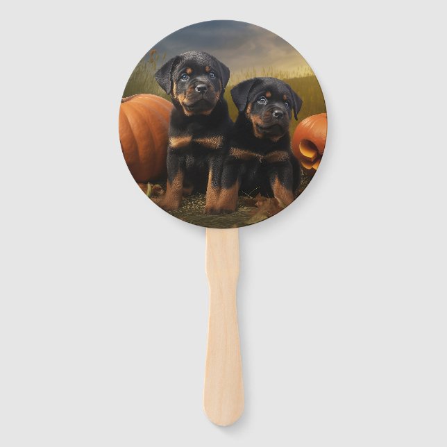 Rottweiler Puppy Autumn Delight Pumpkin Hand Fan (Front)