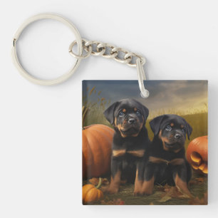 Rottweiler Puppy Autumn Delight Pumpkin Keychain