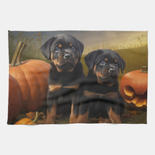 Rottweiler Puppy Autumn Delight Pumpkin Kitchen Towel