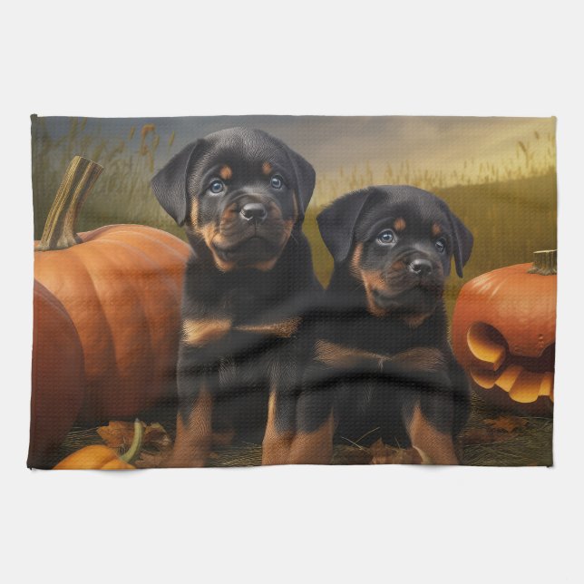 Rottweiler Puppy Autumn Delight Pumpkin Kitchen Towel (Horizontal)