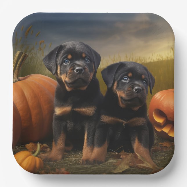 Rottweiler Puppy Autumn Delight Pumpkin Paper Plates (Front)