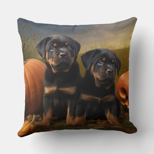 Rottweiler Puppy Autumn Delight Pumpkin Throw Pillow (Back)