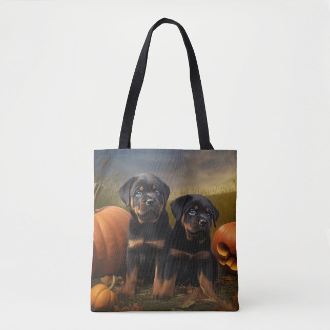 Rottweiler Puppy Autumn Delight Pumpkin Tote Bag (Front)